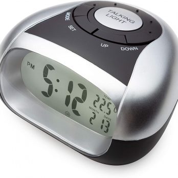 Loud Talking Alarm Clock with Time and Temperature – for Low Vision or Blind (Gray)